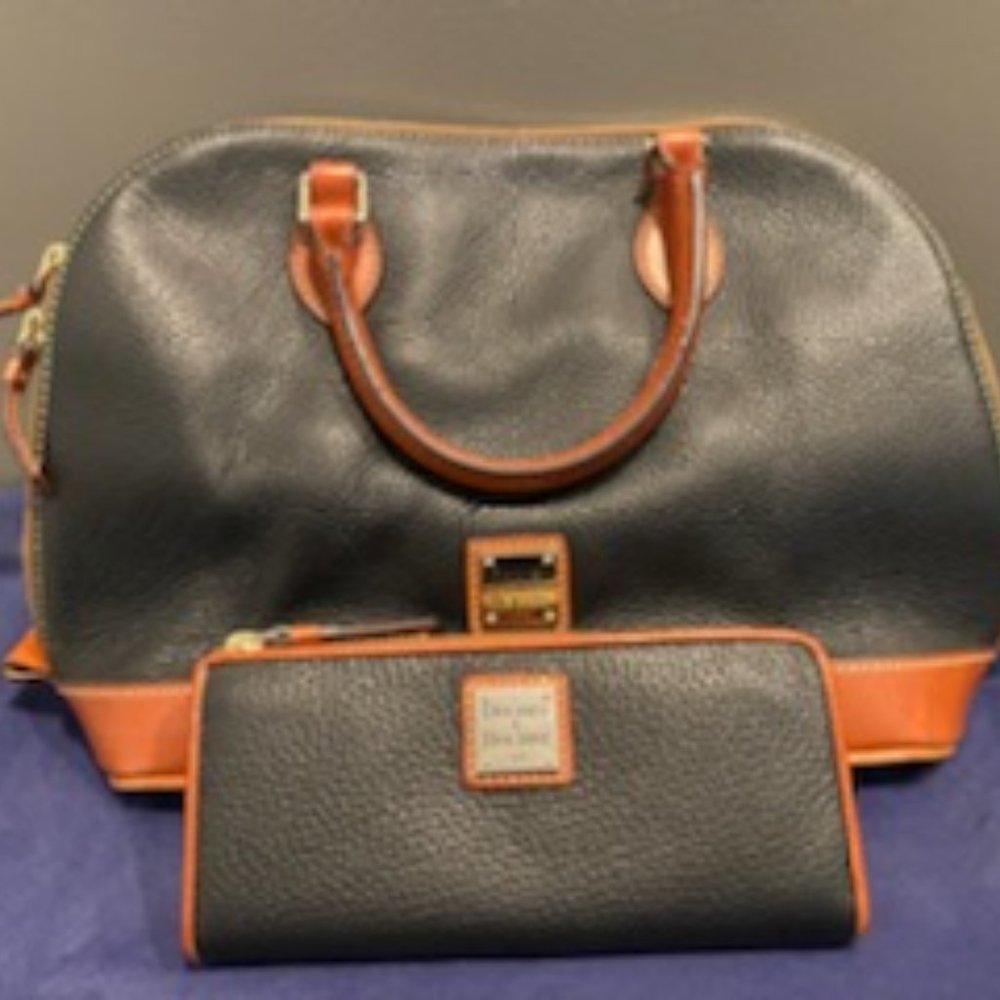 Dooney and Bourke Black and Tan Leather Purse with matching Wallet
